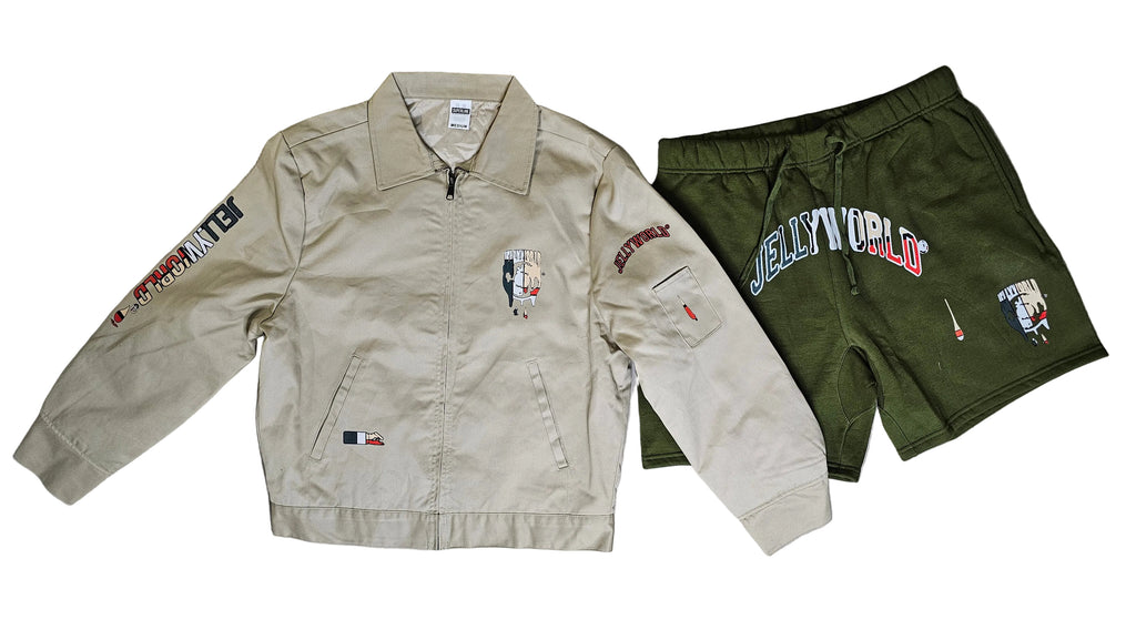 Mens khaki Jellyworld jacket combo w/shorts or windbreakers