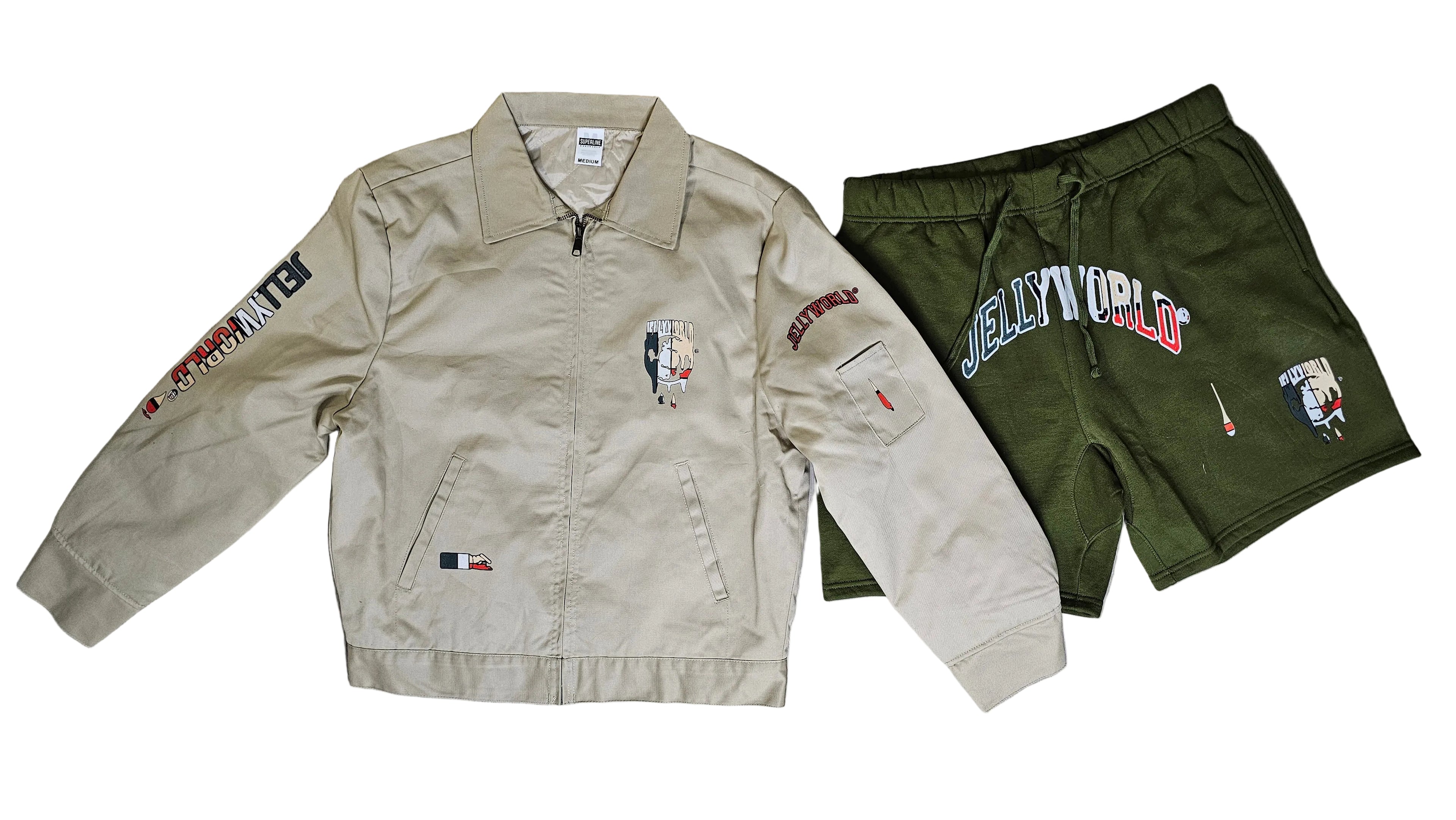 Mens khaki Jellyworld jacket combo w/shorts or windbreakers