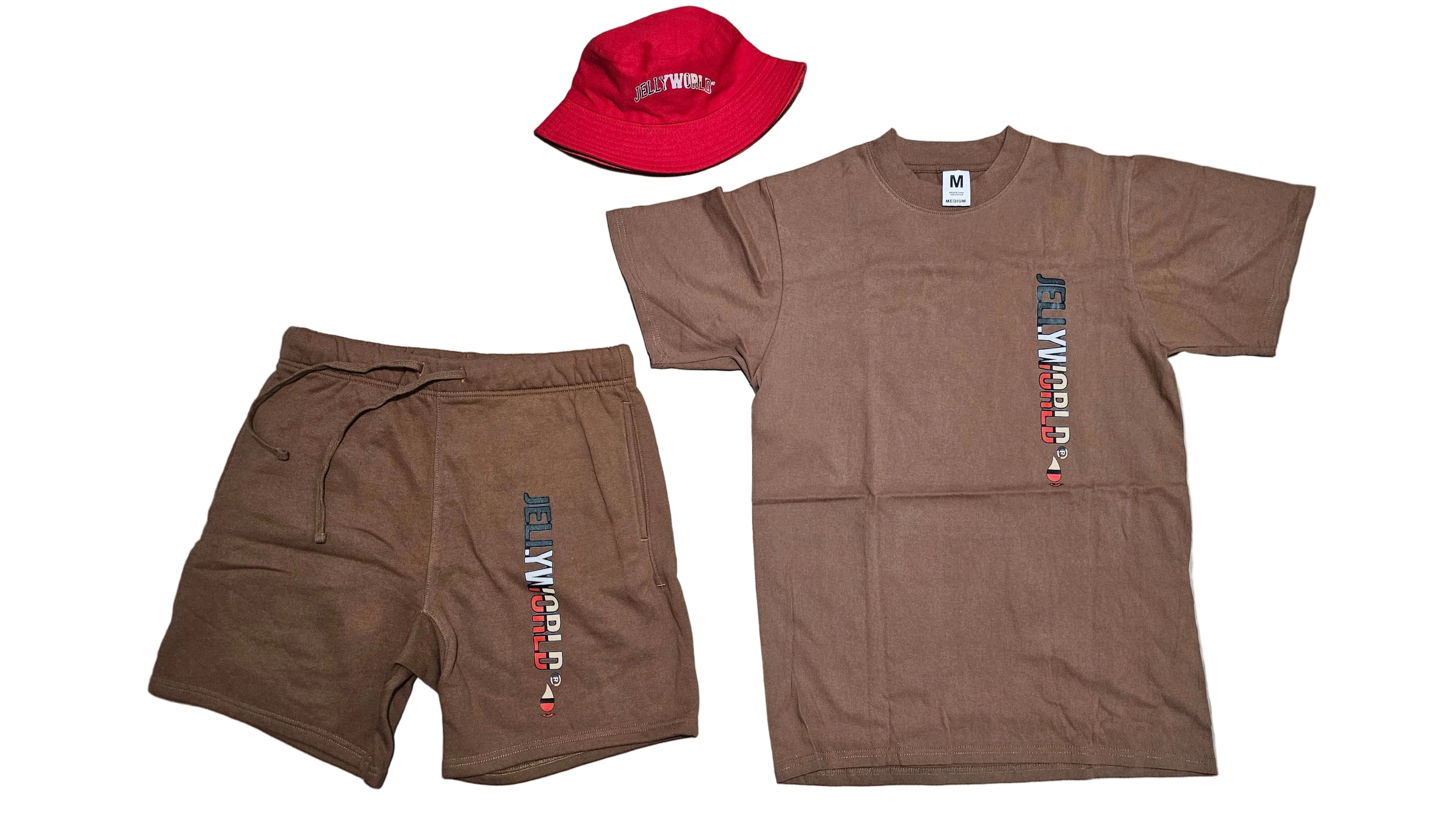 mens brown short set(dirty rice collection) w/ red bucket hat