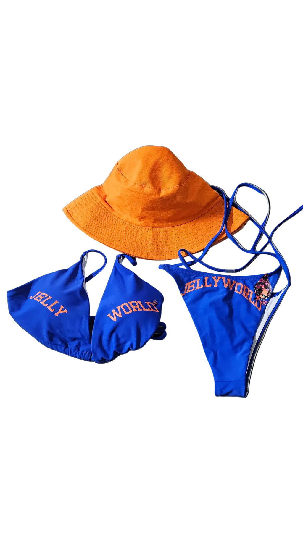 ladies side tie medium bikini w/orange bucket hat