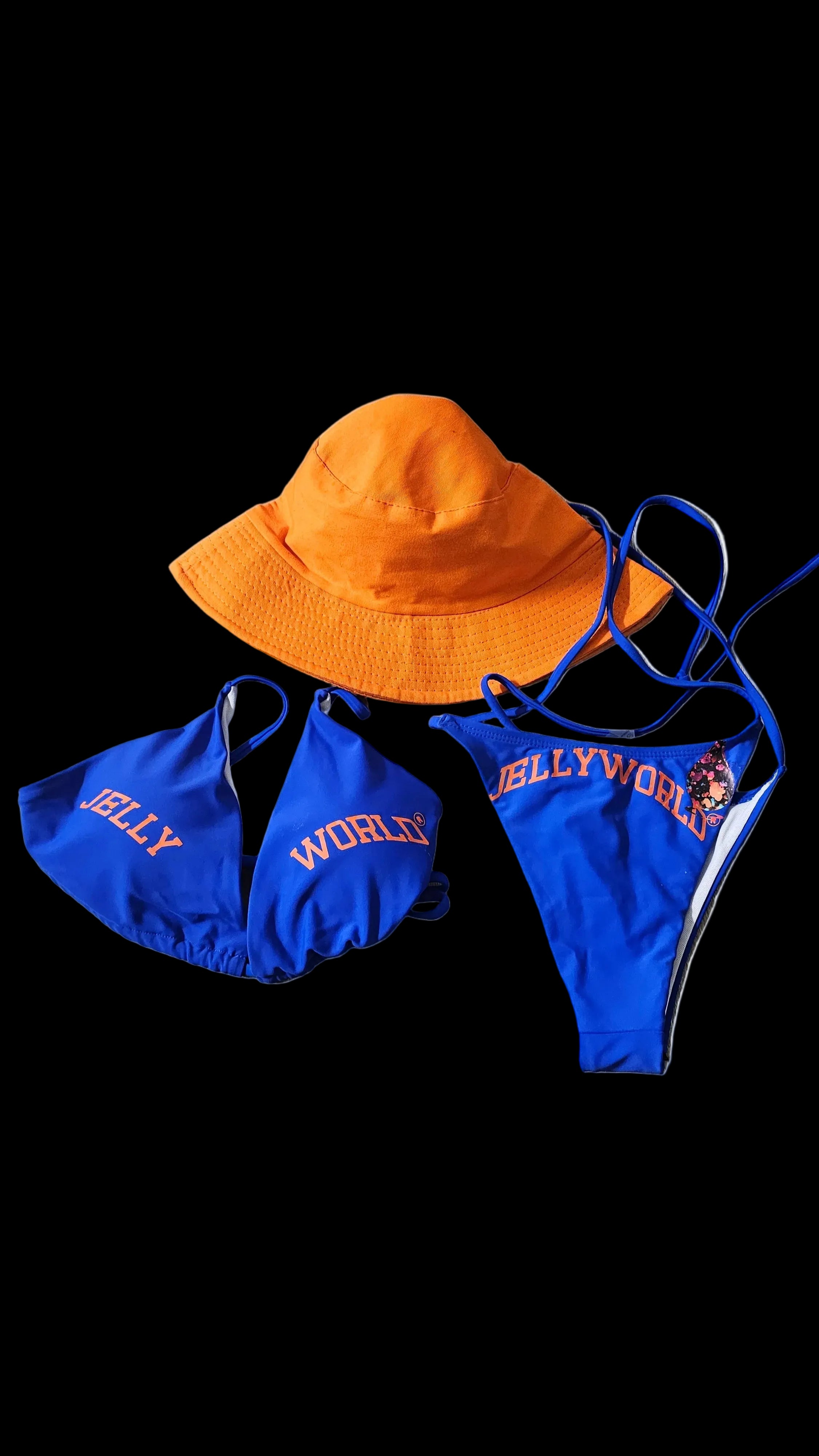 ladies side tie medium bikini w/orange bucket hat