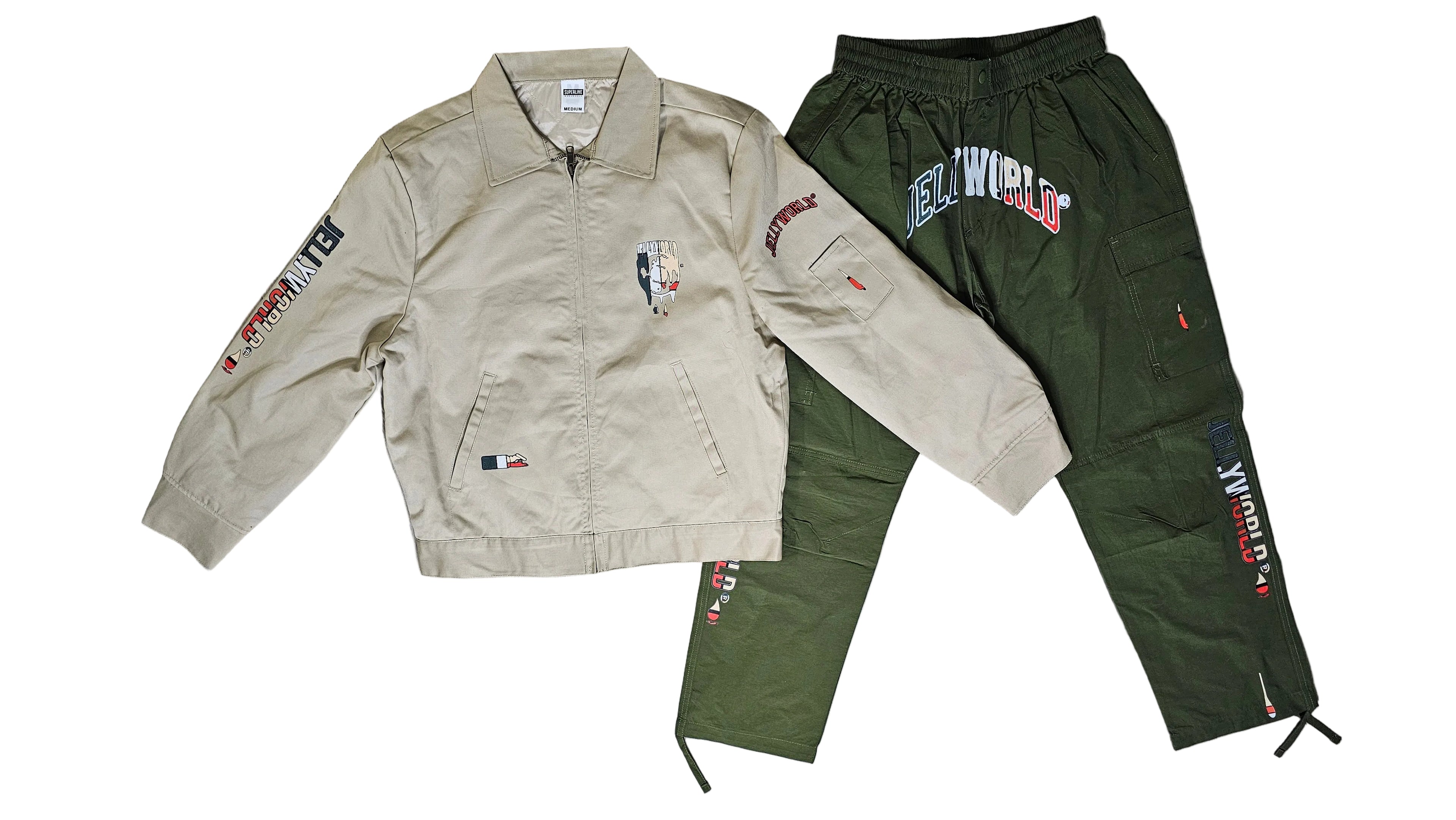 Mens khaki Jellyworld jacket combo w/shorts or windbreakers