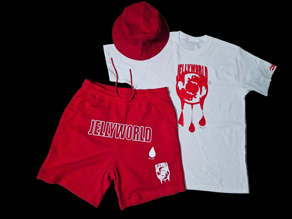 mens XL white shirt/red shorts w bucket hat