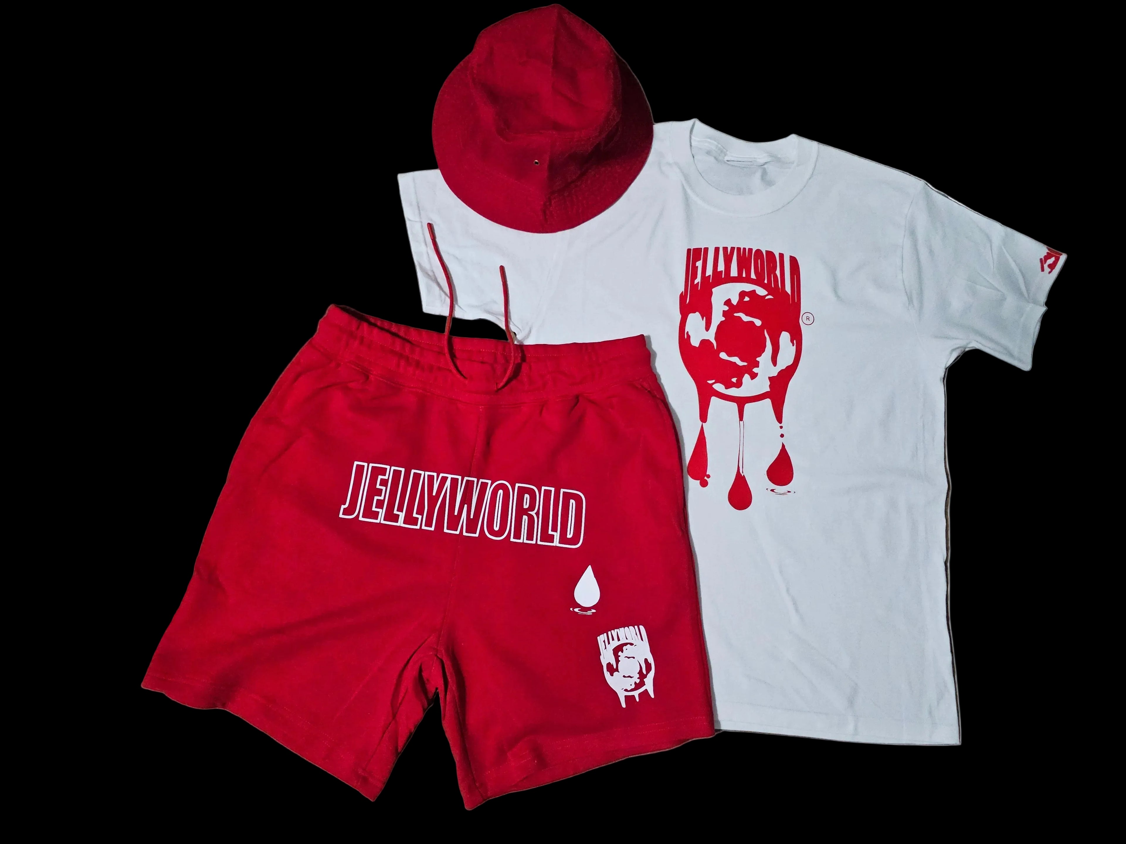 mens XL white shirt/red shorts w bucket hat